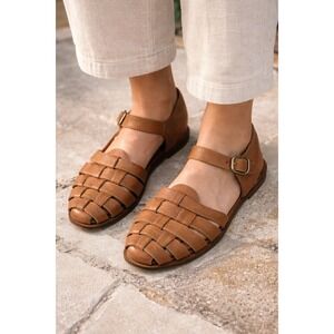 VTG DOLCIS Women's Brown Leather Woven Fisherman Sandal Buckle Strap Size 8.5